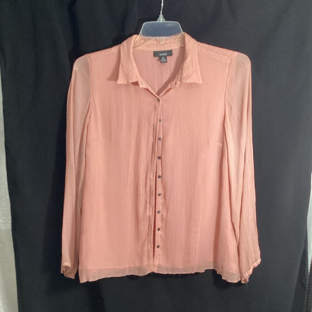 Womens Alfani Peach Pink Semi Sheer Crinkle Button Down Blouse 12